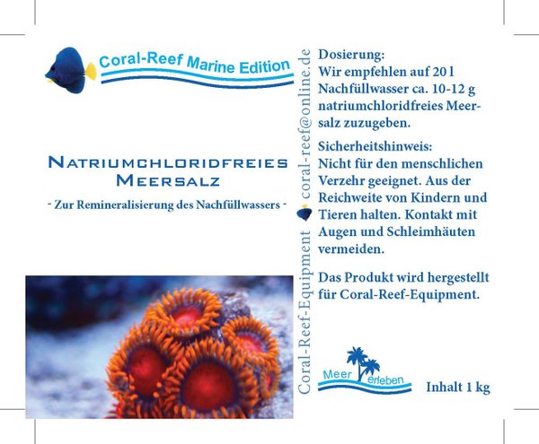 Coral Reef Natriumchloridfreies Meersalz 1kg Beutel - Salz f. Meerwasser Aquarium