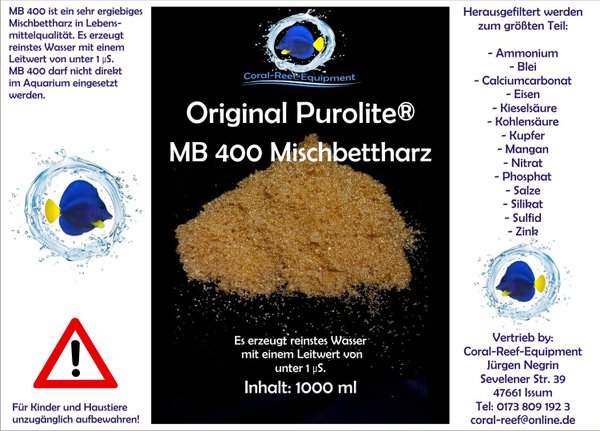 Coral Reef Mischbettharz MB 400 Purolite - 1 Liter Beutel zur Wasservollentsalzung
